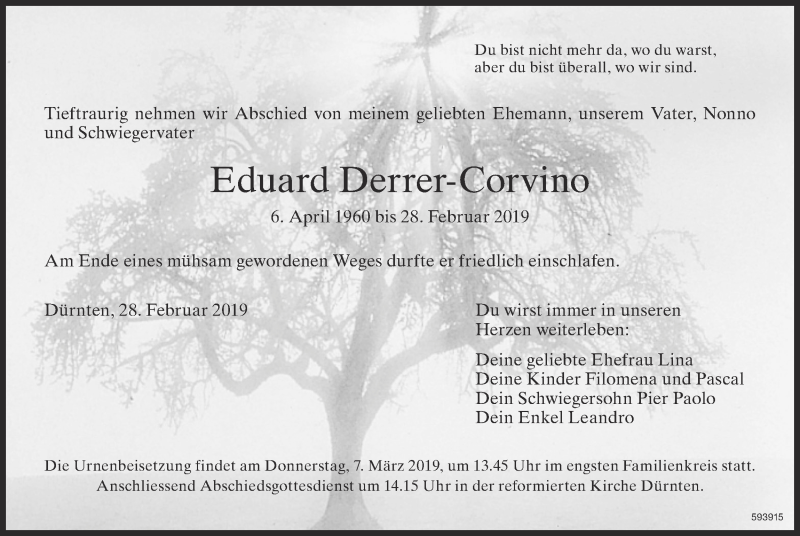  Traueranzeige für Eduard Derrer-Corvino vom 04.03.2019 aus ZO Gesamt