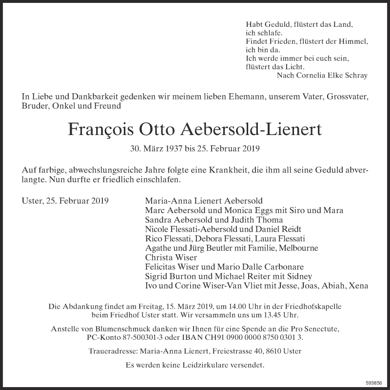  Traueranzeige für François Otto Aebersold-Lienert vom 06.03.2019 aus ZO Gesamt