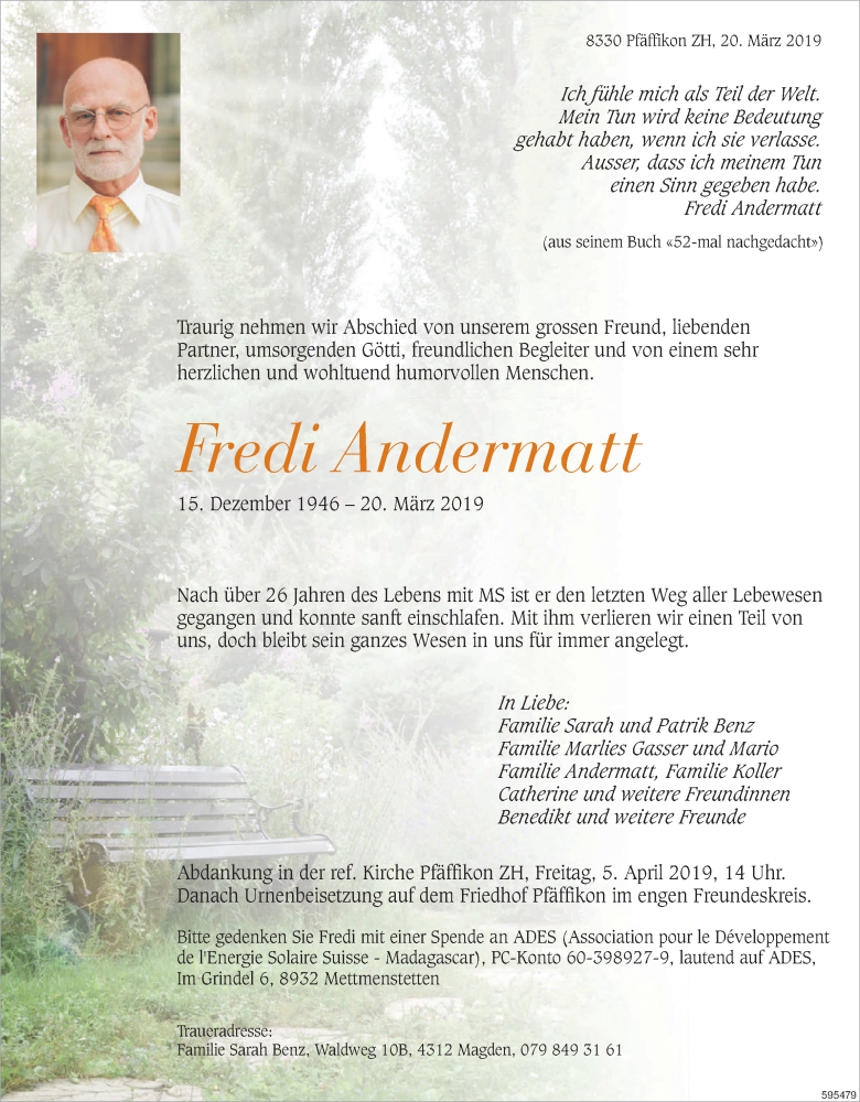  Traueranzeige für Fredi Andermatt vom 27.03.2019 aus ZO Gesamt
