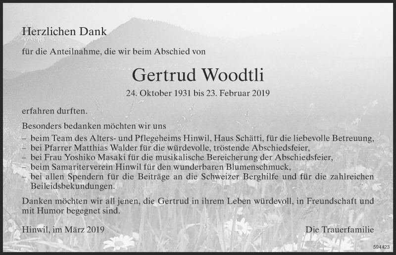  Traueranzeige für Gertrud Woodtli vom 13.03.2019 aus ZO Gesamt