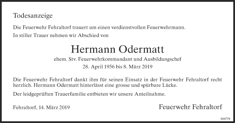  Traueranzeige für Hermann Odermatt vom 15.03.2019 aus ZO Gesamt