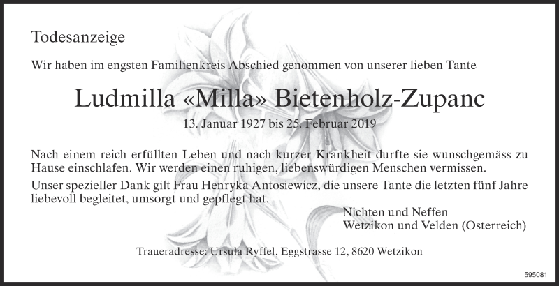  Traueranzeige für Ludmilla Bietenholz-Zupanc vom 23.03.2019 aus ZO Gesamt