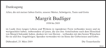 Traueranzeige von Margrit Budliger von Glattaler