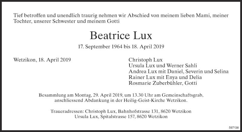  Traueranzeige für Beatrice Lux vom 24.04.2019 aus ZO Gesamt