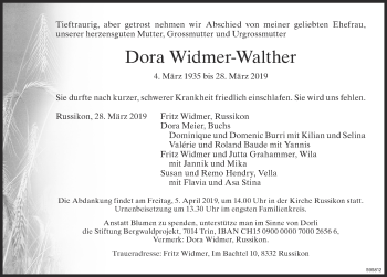 Traueranzeige von Dora Widmer-Walther von ZO Gesamt