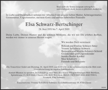 Traueranzeige von Elsa Schwarz-Bertschinger von ZO Gesamt