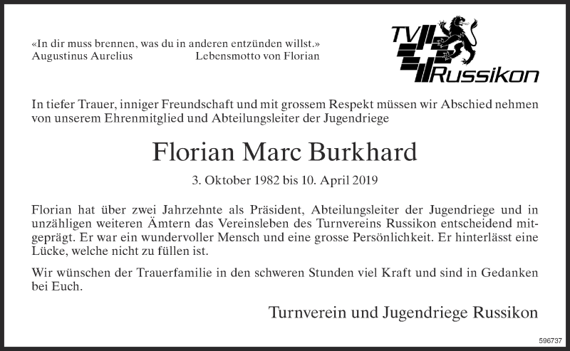  Traueranzeige für Florian Marc Burkhard vom 16.04.2019 aus ZO Gesamt