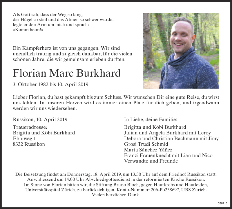  Traueranzeige für Florian Marc Burkhard vom 16.04.2019 aus ZO Gesamt