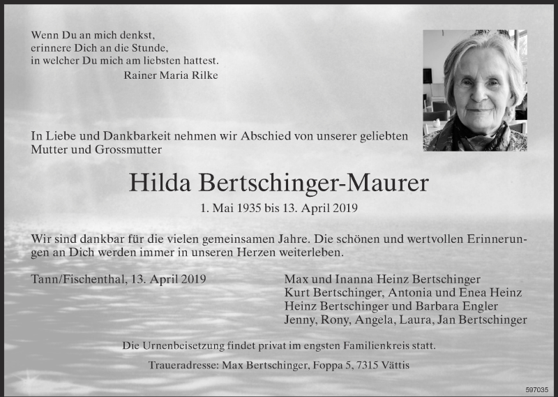  Traueranzeige für Hilda Bertschinger-Maurer vom 24.04.2019 aus ZO Gesamt