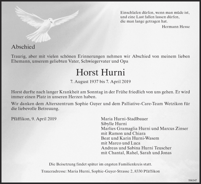  Traueranzeige für Horst Hurni vom 10.04.2019 aus ZO Gesamt