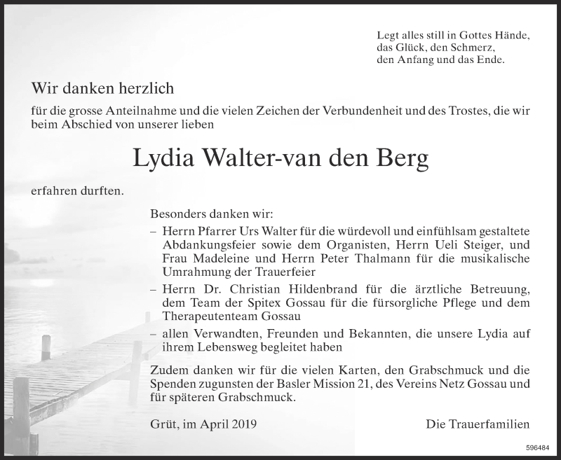  Traueranzeige für Lydia  Walter-van den Berg vom 17.04.2019 aus ZO Gesamt