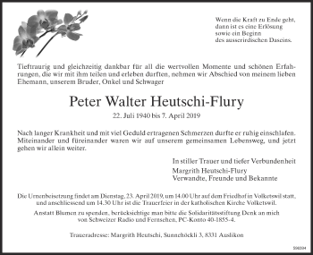 Traueranzeige von Peter Walter Heutschi-Flury von ZO Gesamt