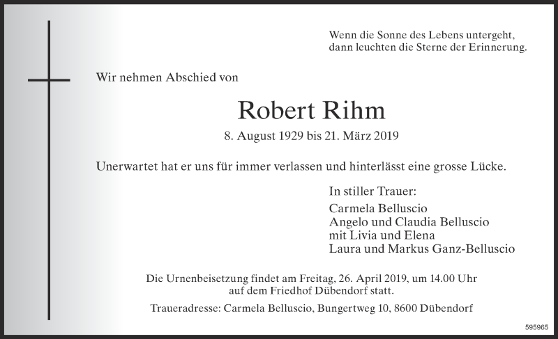  Traueranzeige für Robert Rihm vom 05.04.2019 aus Glattaler