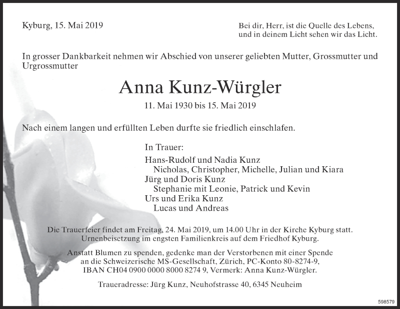  Traueranzeige für Anna Kunz-Würgler vom 18.05.2019 aus ZO Gesamt