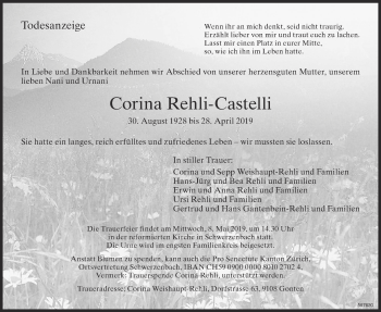 Traueranzeige von Corina Rehli-Castelli von Glattaler