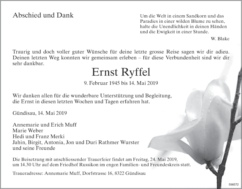  Traueranzeige für Ernst Ryffel vom 18.05.2019 aus ZO Gesamt