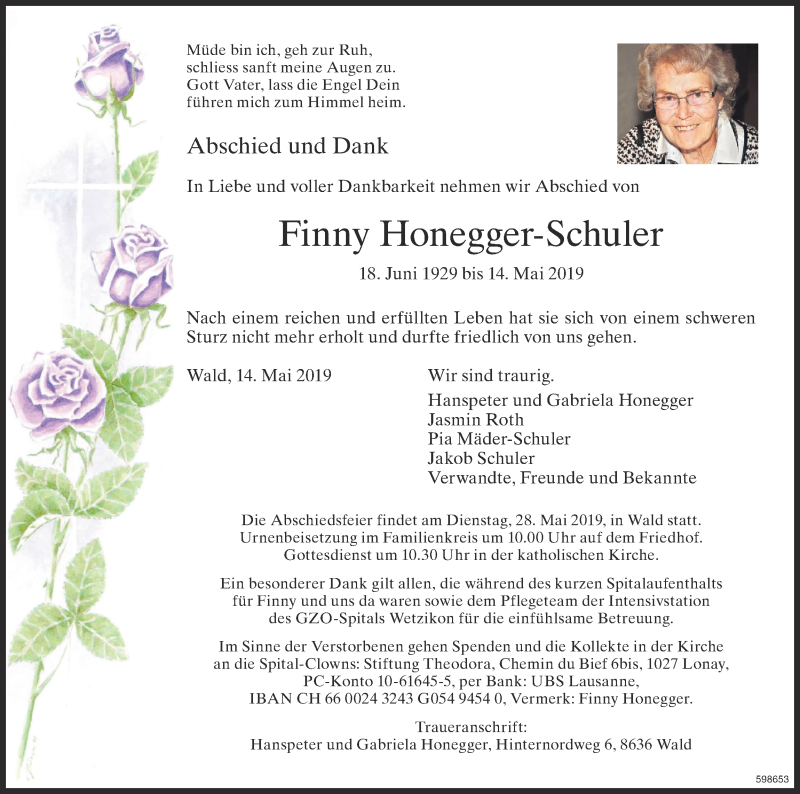  Traueranzeige für Finny Honegger-Schuler vom 22.05.2019 aus ZO Gesamt