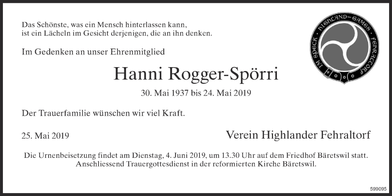  Traueranzeige für Hanni Rogger-Spörri vom 29.05.2019 aus ZO Gesamt