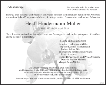 Traueranzeige von Heidi Hindermann-Müller von ZO Gesamt