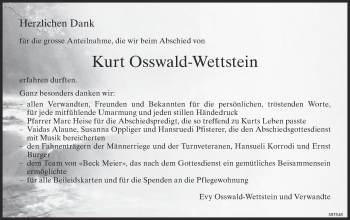 Traueranzeige von Kurt Osswald-Wettstein von ZO Gesamt