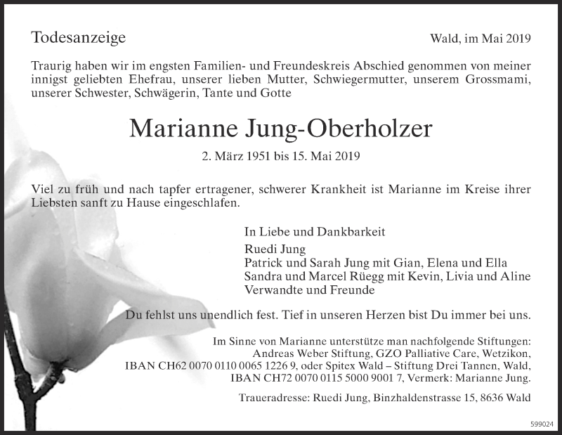  Traueranzeige für Marianne Jung-Oberholzer vom 29.05.2019 aus ZO Gesamt