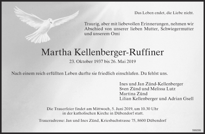  Traueranzeige für Martha Kellenberger-Ruffiner vom 31.05.2019 aus Glattaler