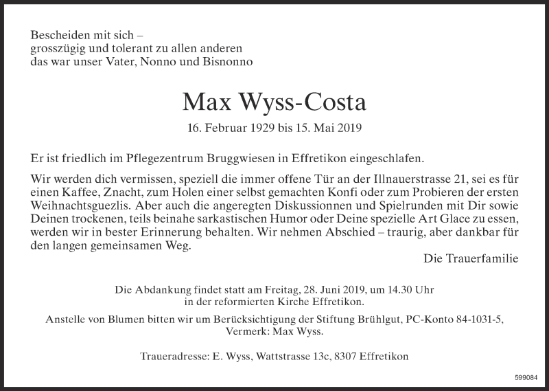  Traueranzeige für Max Wyss-Costa vom 31.05.2019 aus reg_12345