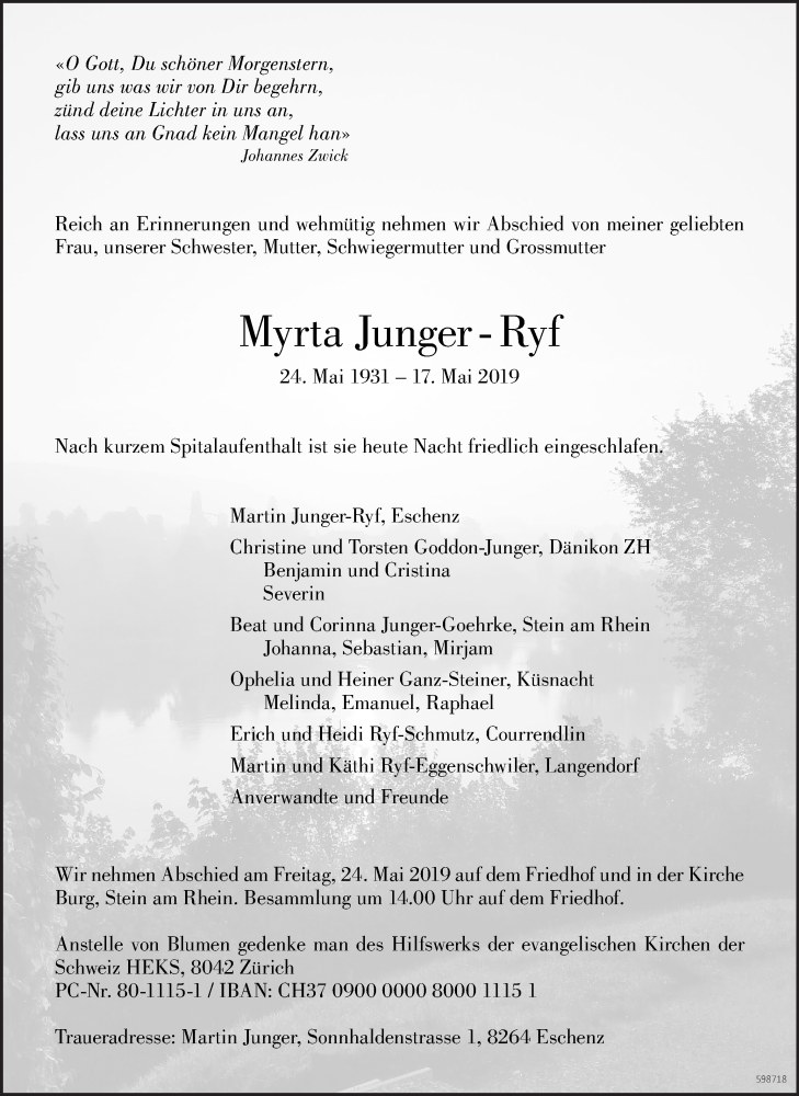  Traueranzeige für Myrta Junger-Ryf vom 21.05.2019 aus ZO Gesamt
