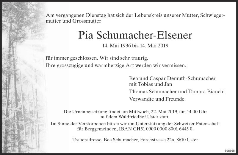  Traueranzeige für Pia Schumacher-Elsener vom 20.05.2019 aus ZO Gesamt