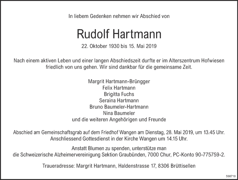  Traueranzeige für Rudolf Hartmann vom 22.05.2019 aus ZO Gesamt