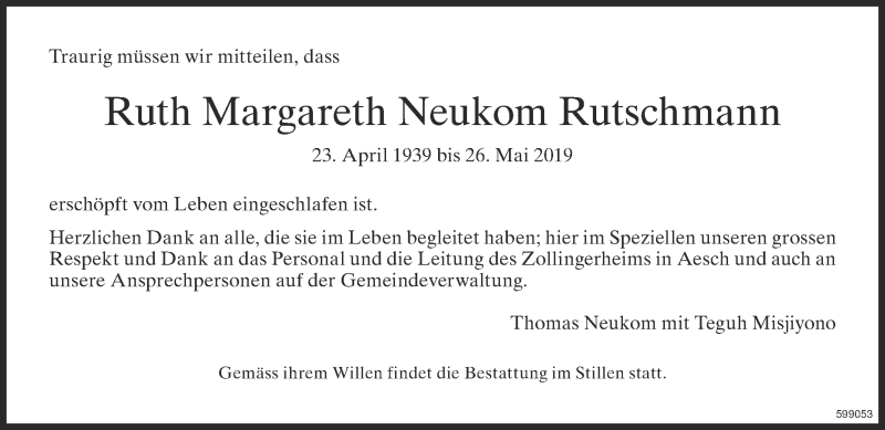  Traueranzeige für Ruth Margareth Neukom Rutschmann vom 29.05.2019 aus ZO Gesamt