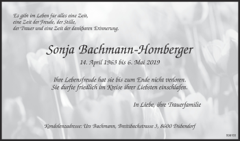 Traueranzeige von Sonja Bachmann-Homberger von Glattaler