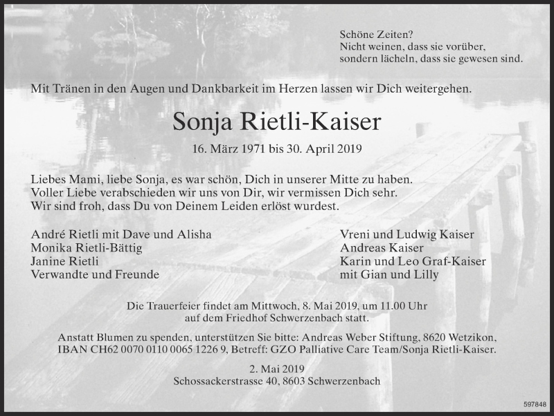  Traueranzeige für Sonja Rietli-Kaiser vom 06.05.2019 aus ZO Gesamt