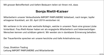 Traueranzeige von Sonja Rietli-Kaiser von Glattaler