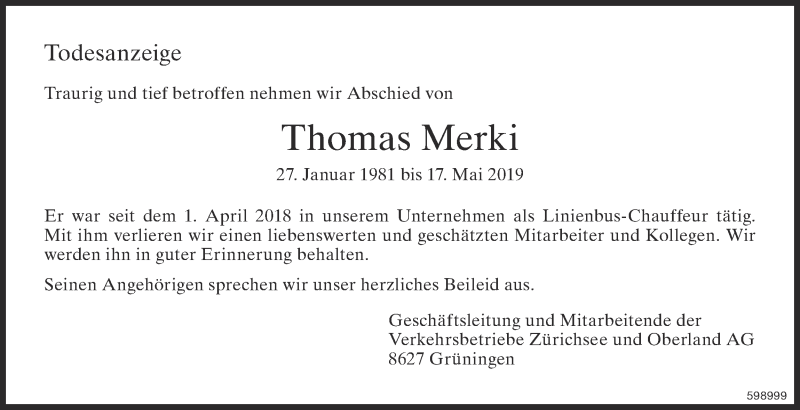  Traueranzeige für Thomas Merki vom 28.05.2019 aus ZO Gesamt