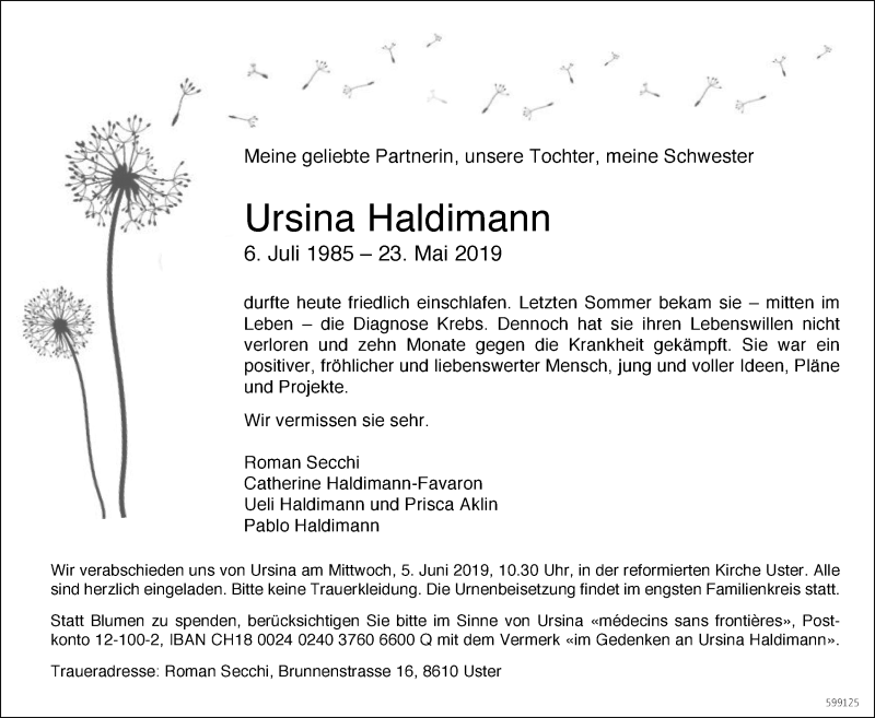  Traueranzeige für Ursina Haldimann vom 29.05.2019 aus ZO Gesamt
