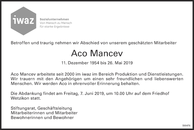  Traueranzeige für Aco Mancev vom 05.06.2019 aus ZO Gesamt