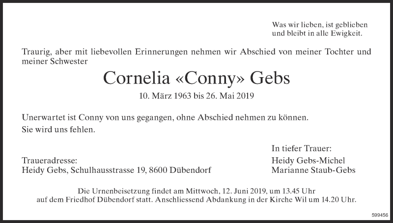  Traueranzeige für Cornelia  Gebs vom 07.06.2019 aus Glattaler