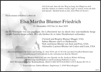 Traueranzeige von Elsa Martha Blumer-Friedrich von ZO Gesamt