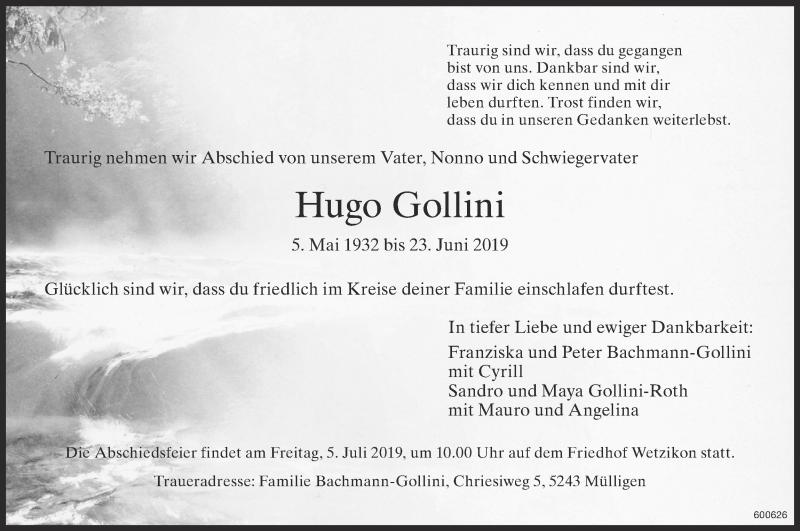 Traueranzeige für Hugo Gollini vom 26.06.2019 aus ZO Gesamt