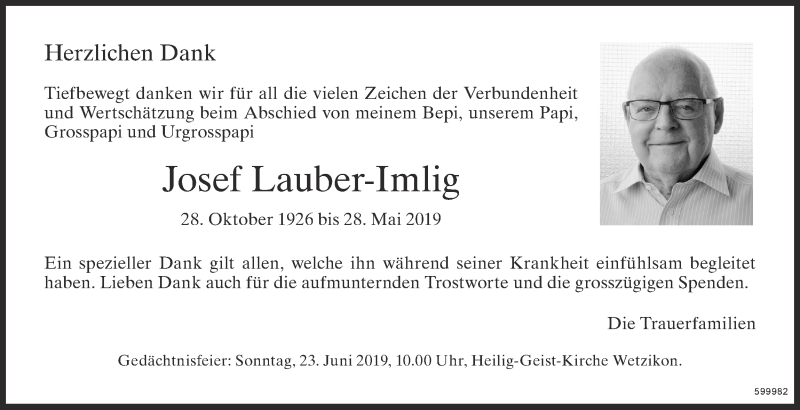  Traueranzeige für Josef Lauber-Imlig vom 19.06.2019 aus ZO Gesamt
