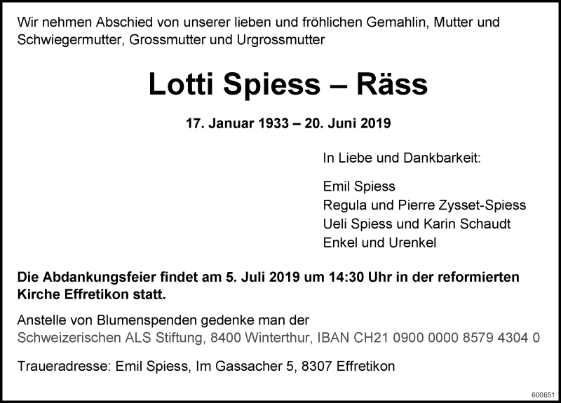  Traueranzeige für Lotti  Spiess-Räss vom 27.06.2019 aus reg_12345