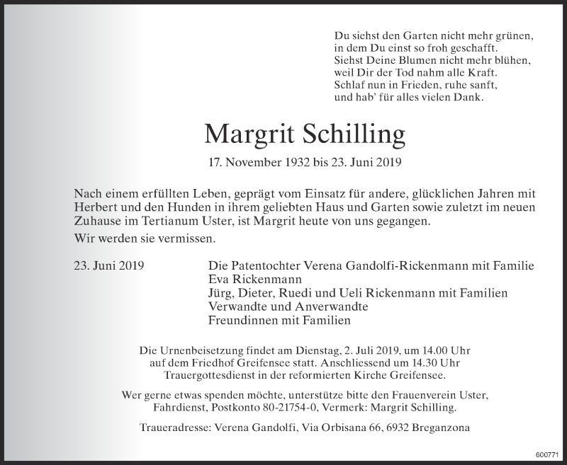  Traueranzeige für Margrit Schilling vom 26.06.2019 aus ZO Gesamt