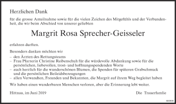 Traueranzeige von Margrit Rosa Sprecher-Geisseler von ZO Gesamt