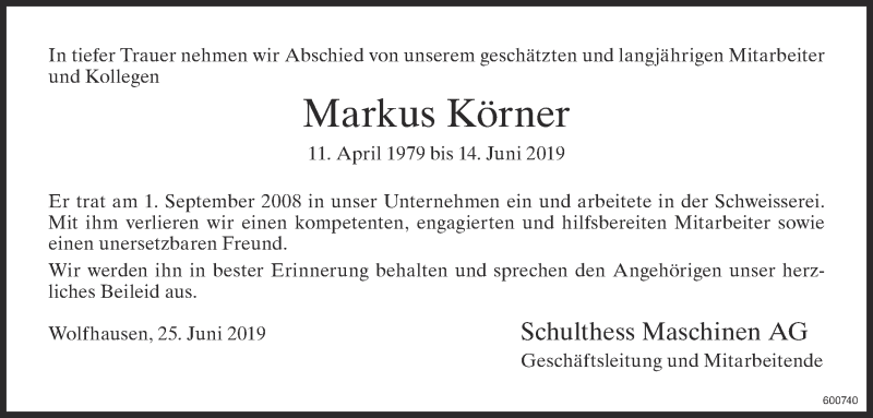  Traueranzeige für Markus Körner vom 26.06.2019 aus ZO Gesamt