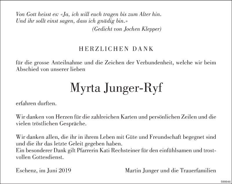  Traueranzeige für Myrta Junger-Ryf vom 19.06.2019 aus ZO Gesamt