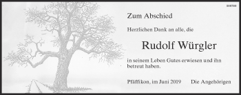 Traueranzeige von Rudolf Würgler von ZO Gesamt