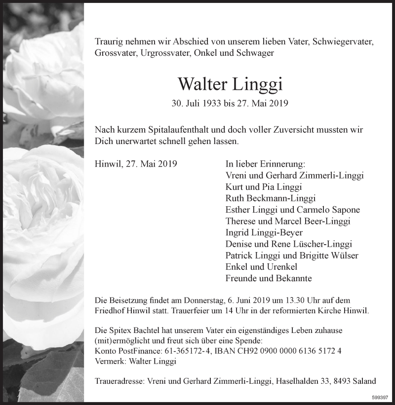 Traueranzeige für Walter Linggi vom 05.06.2019 aus ZO Gesamt