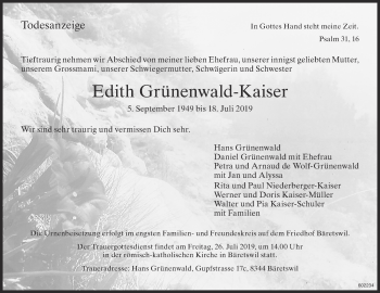 Traueranzeige von Edith Grünenwald-Kaiser von Zo Gesamt