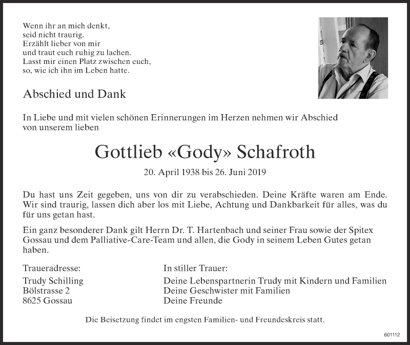  Traueranzeige für Gottlieb Schafroth vom 03.07.2019 aus ZO GESAMT